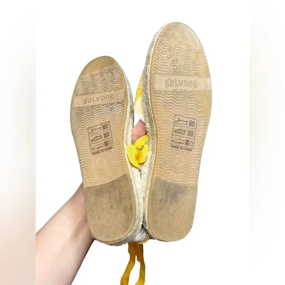 Soludos Lauren Espadrilles Size 7 Plaid Marigold Ankle Wrap Ties Jute EUC